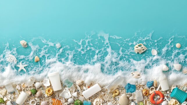Polluted Beach Scene With Plastic Debris Washing Ashore Amidst Sea Foam and Shells