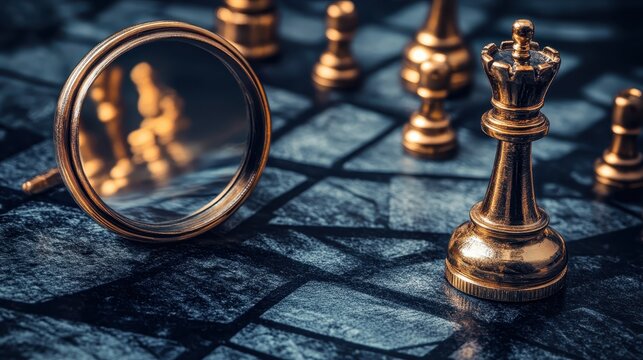 Golden chess queen and magnifying glass on a textured board, symbolizing strategic antitrust analysis
