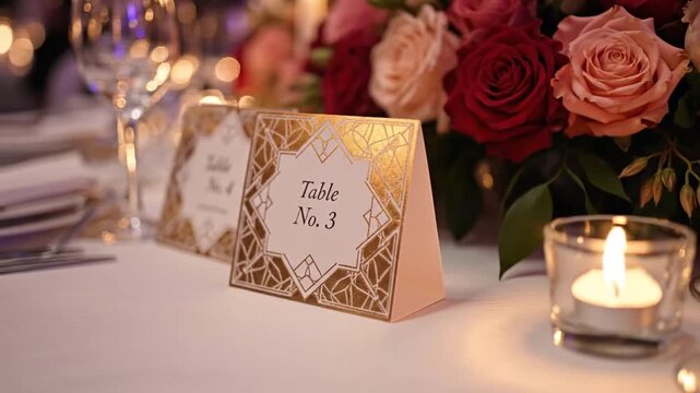 Elegant Table Setup. Opulent Dining Scene Featuring Ornate Decor And Gentle Lighting Effects. Sumptuous Table Presentation Enhanced By Delicate Floral Accents And Sparkling Candlelight Ambiance