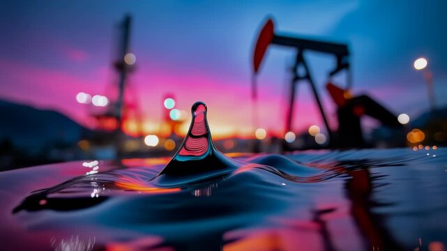 Oil pumpjack and refinery silhouette at sunset representing energy production and petroleum industry