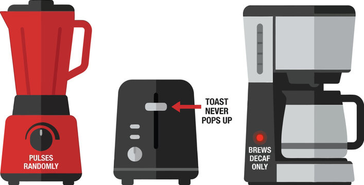 Three malfunctioning kitchen appliances including a blender, toaster, and coffee maker are humorously depicted.