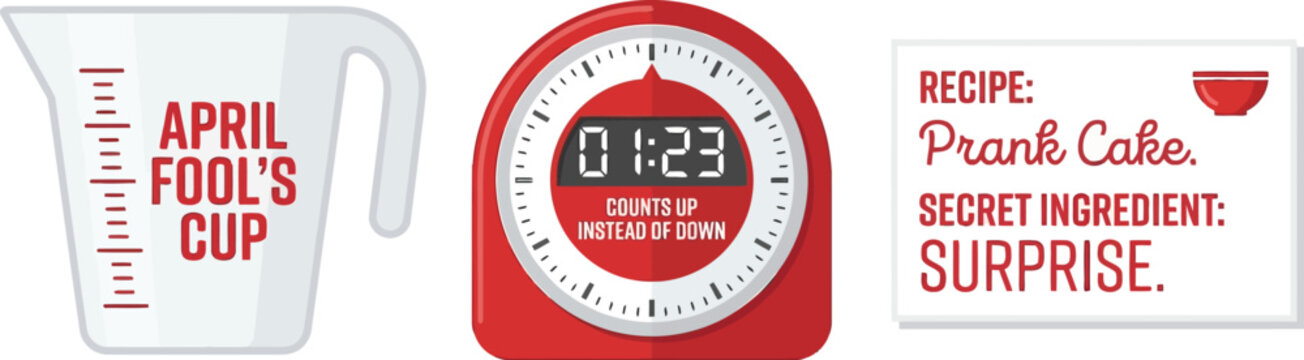 Kitchen implements designed for pranks feature a measuring cup labeled for April Fool's Day and a deceptive recipe card.