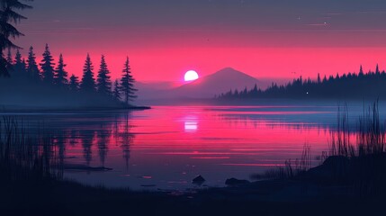 Obraz premium Vibrant sunset over tranquil mountains and water reflecting rich pink and orange hues