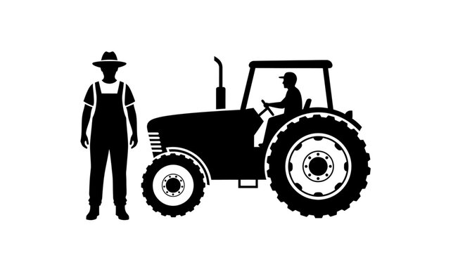 Silhouette of a farmer standing next to a tractor with another farmer driving it showcasing agricultural work and teamwork in a simple yet effective black and white illustration style.
