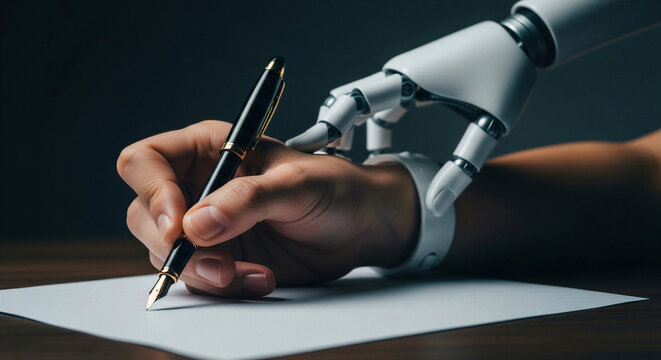 Robot hand stopping human hand from writing text, visual metaphor of AI vs human