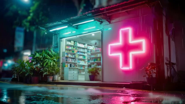 Small neighborhood pharmacy with bright neon cross sign on a quiet night street