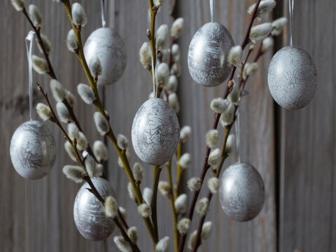 Elegant silver easter eggs hanging from pussy willow branches against a rustic wooden background