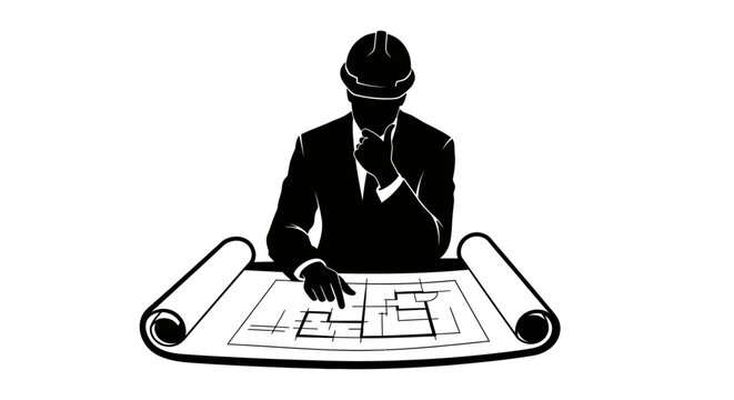 Businessman in hard hat examining large architectural blueprint on desk
