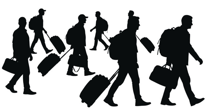 Silhouettes of people walking with luggage and backpacks in various poses and directions on a white background for travel and transportation concepts