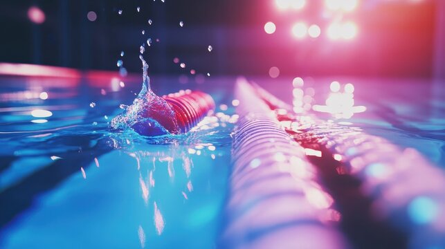 Swimmer's intense final lap in a competitive race, showcasing dynamic water splashes and vibrant poolside lighting effects.