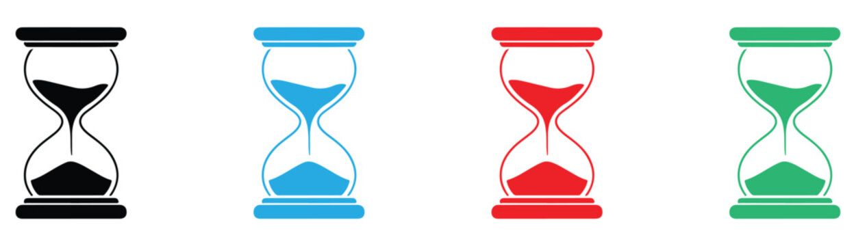 four hourglasses with colored sand representing time management and productivity