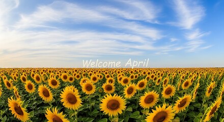 Obraz premium Vibrant sunflower field with welcome april text under blue sky
