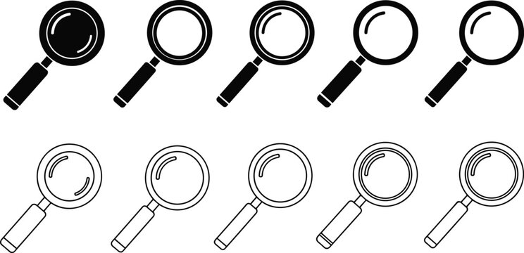 Solid silhouette vector icons set of magnifying glass, search symbol, loupe tools, zoom lens signs, investigation discovery, examination vision focus.
