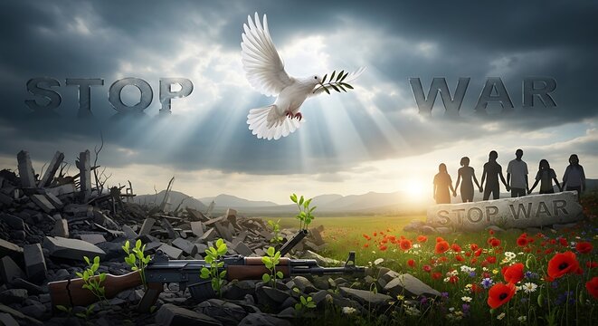A dove flies over a desolate war-torn landscape with a message of peace