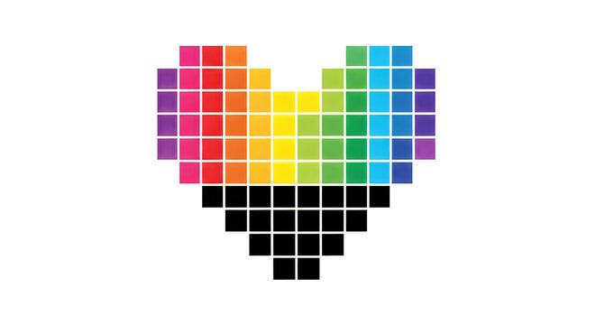 Pixel art rainbow heart shape made of colorful squares on white background digital
