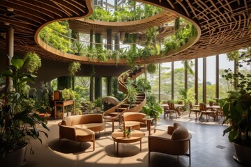 Obraz premium Modern architecture incorporating lush green plants and natural wood for a relaxing indoor environment