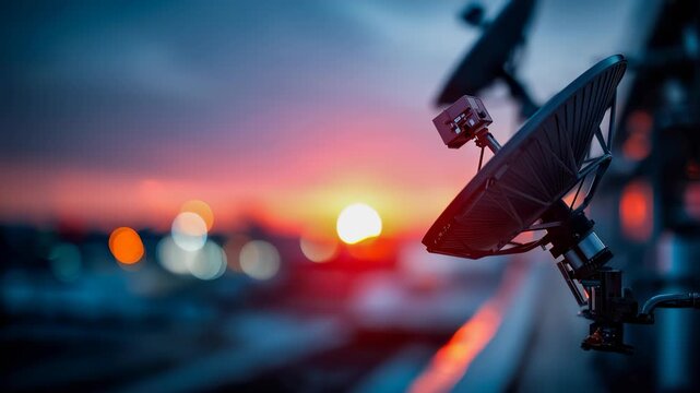 Satellite dish antenna silhouetted against a vivid sunset sky on a rooftop