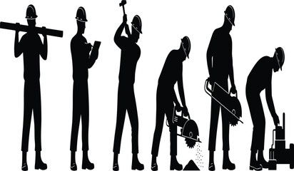 Silhouette set of construction workers using tools, industrial labor team at work, builder, engineer and technician with equipment isolated on white background