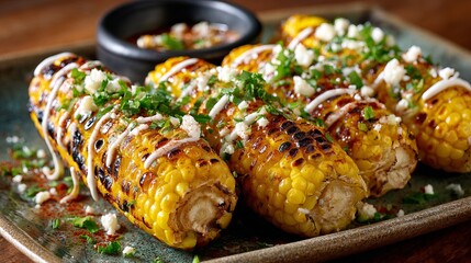 Corn, grilled, gets mayo in Mexican street style.