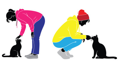 Silhouette of two people petting cats in colorful clothing © Prantam