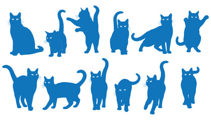 Blue silhouette of multiple cats in various poses © Prantam