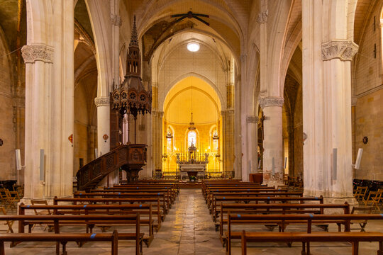 Abbey Saint Jean de Sorde interior with pulpit and pews