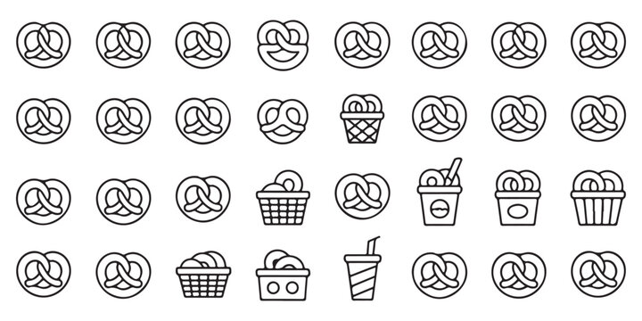 Pretzel and Snack Food Line Icon Set for Bakery and Cinema Concessions