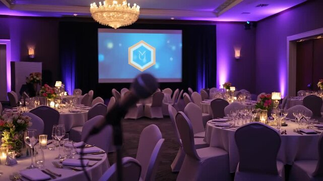 Microphone on stand in ballroom before corporate gala. Tables with settings, candles, flowers await guests. Large screen with logo behind speaker podium, luxurious event atmosphere