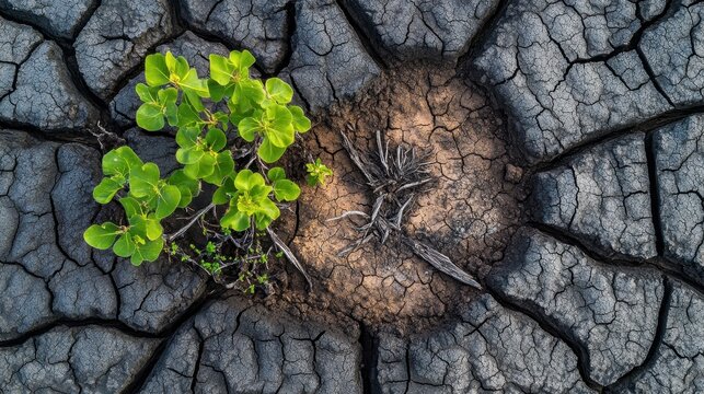 Vibrant green plant sprouts amidst cracked dry earth symbolizing resilience against harsh desertification and climate change impacts.