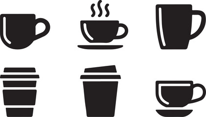 Obraz premium Black silhouette icons representing hot and cold drinks and beverage containers like cups, mugs, and travel tumblers, ideal for cafe branding and product design