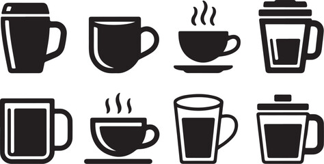Set of black coffee cups and mugs icons, including hot drinks with steam, travel cups, and classic mugs, representing beverages and cafe culture.
