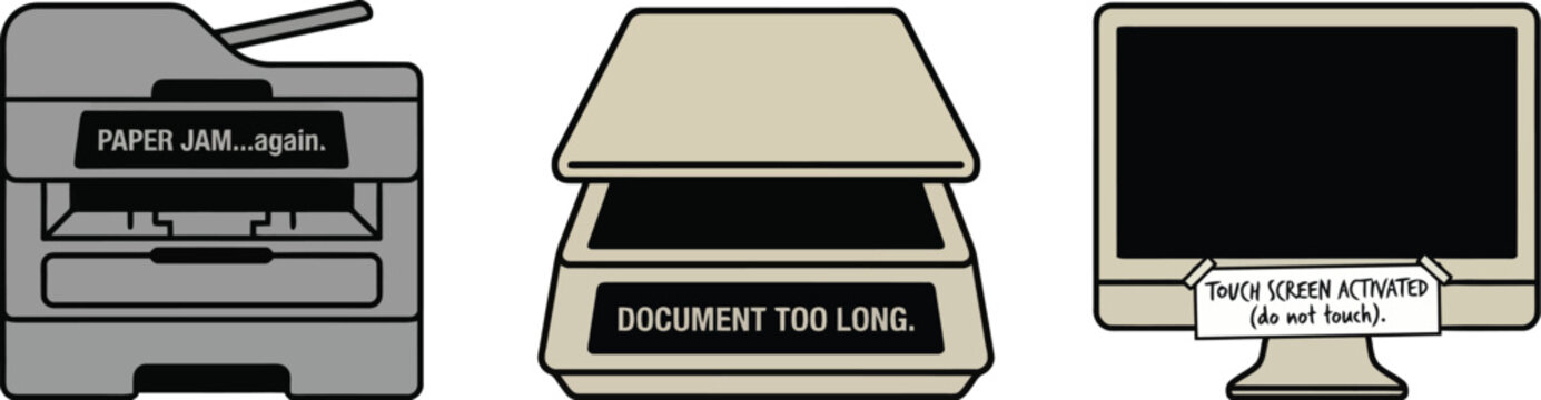 Computer peripherals display various error messages indicating technical difficulties and processing failures.