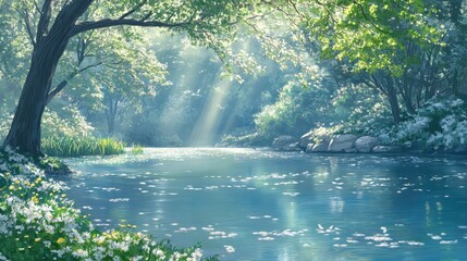 Obraz premium Sunbeams filtering through lush green leaves onto a tranquil lake, creating gentle ripples and a peaceful atmosphere in a forest setting.