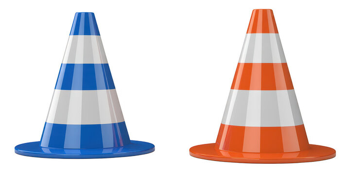 Blue and orange traffic cones blue cone orange cone white stripes isolated on a transparent background