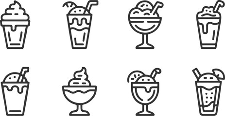 Fototapeta premium Eight stylized icons of refreshing cold beverages and frozen desserts on transparent background vector graphics