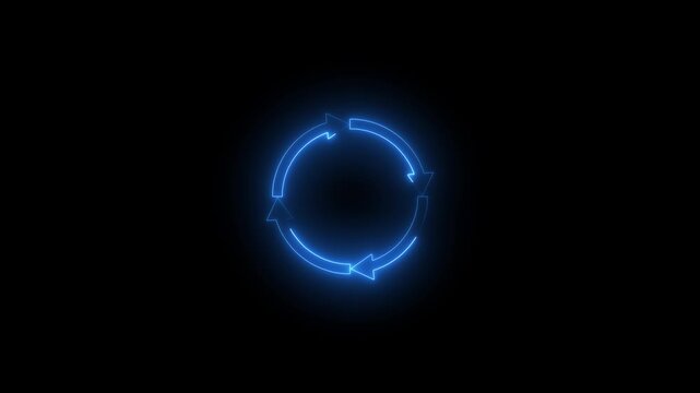 Neon circle arrows bright orange color animation. simple round circle recycle animation. Black background 4k video.