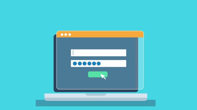 Animated sequence of login form leading to success confirmation and cloud database dashboard with server and storage interface on a laptop screen.