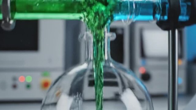 Lab Mixing Vibrant Dye Solutions. Flask Filled With Swirling Colorful Liquids In Laboratory. Sterile Laboratory Environment With Vibrant Dyes Blending In Glassware Under Controlled Conditions