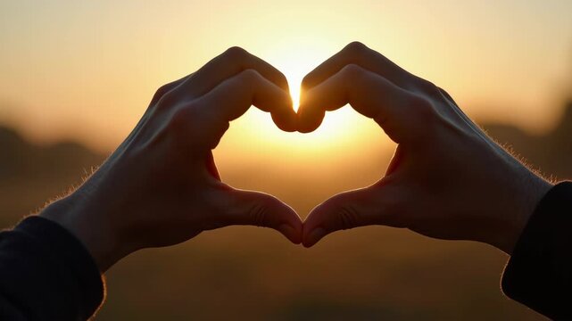 Close up of hands framing a scenic landscape view during golden hour sunset for creative vision concept. 
