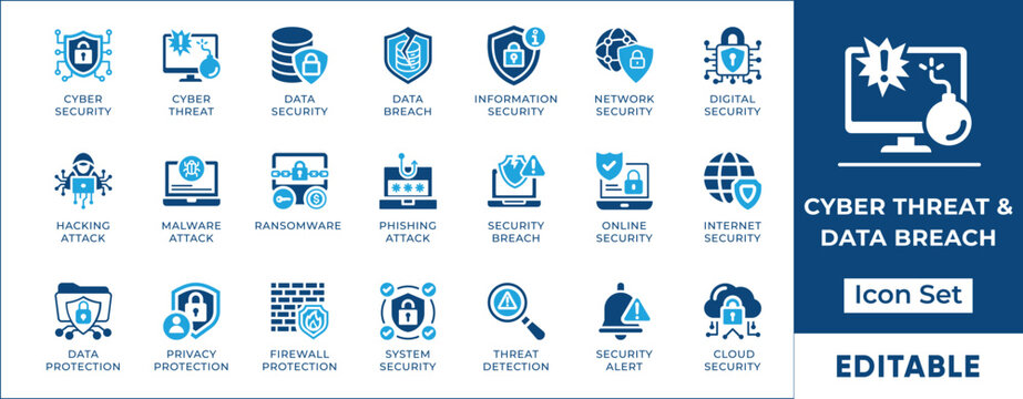 Cyber threat and data breach icon set. Ransomware, phishing attack, malware, hacking, firewall protection and network security vector symbols.
