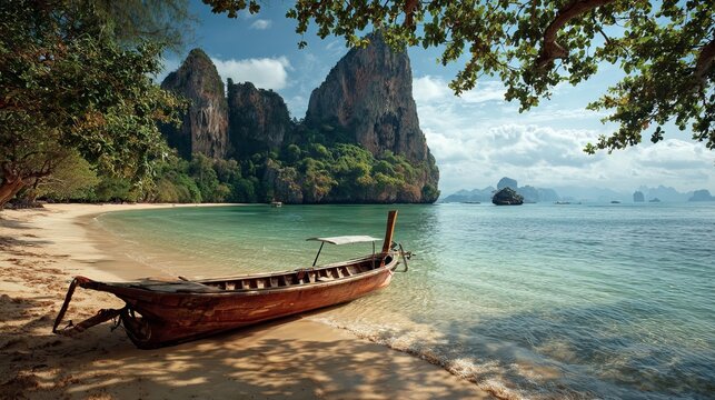Longtail boat, made of wood, rests on Railay Beach's soft sand in Krabi, Thailand.