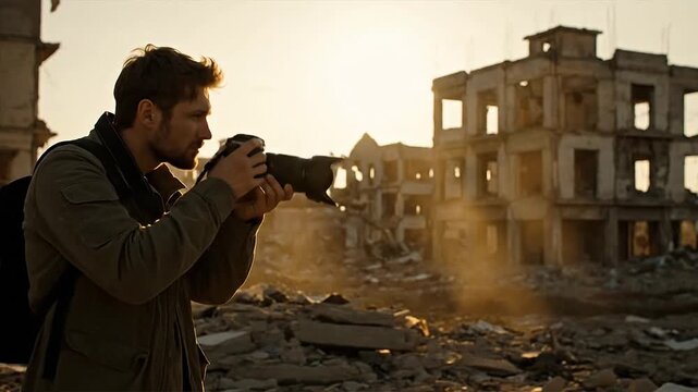 Photographer captures ruins under warm sunlight with debris and buildings