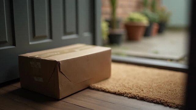 Cardboard delivery box left on doormat outside front door, ready for pickup 
