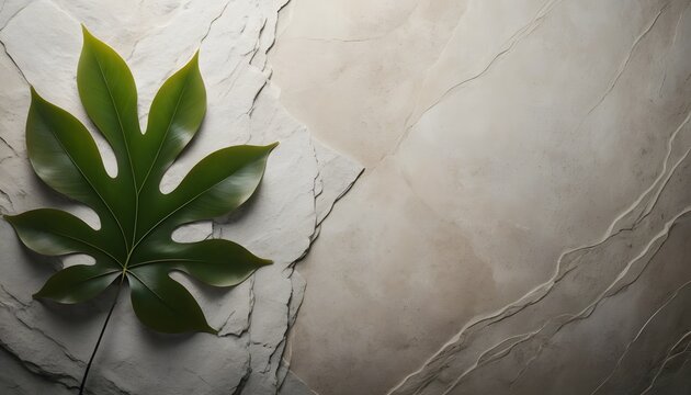 Vibrant green tropical leaf gracefully placed on a contrasting textured stone surface, creating a serene and minimalist natural background for various design elements