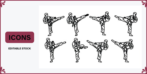 Collection of various karate poses and movements in simple line drawing style for design and illustration purposes © Badsha Mollik