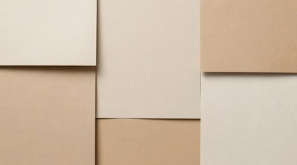 Fototapeta premium Minimalist flat lay composition of overlapping rectangular beige and cream paper sheets, creating a subtle neutral abstract texture background for design concepts