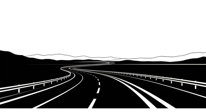 Black and white highway road illustration with guardrails