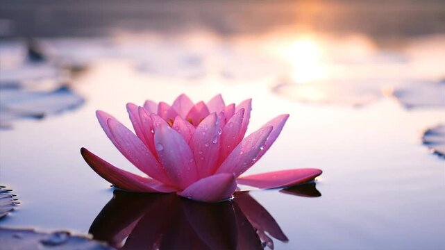 Pink lotus flower floating on water surface with reflection at sunset