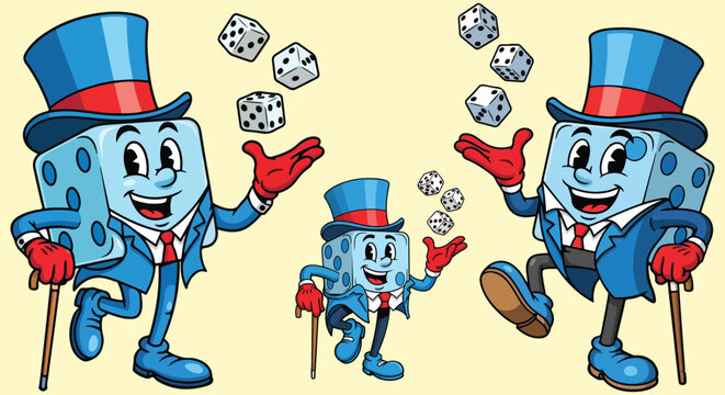 Collection of three anthropomorphic blue dice characters wearing formal magician top hats and juggling smaller dice on transparent background