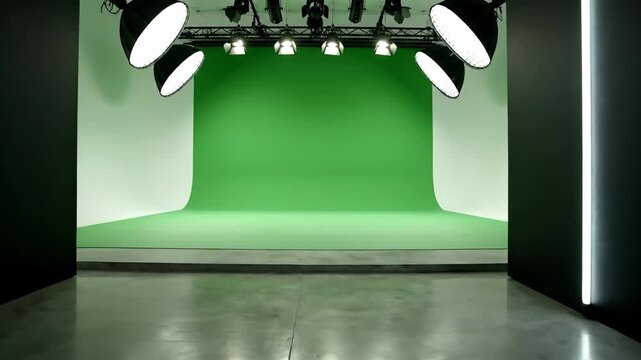 Studio setup with bright green backdrop and lighting equipment